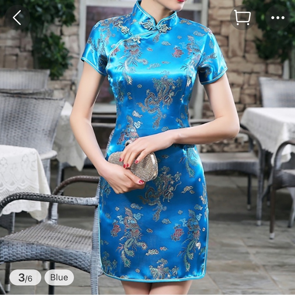 Blue Satin Floral Cheongsam Dress